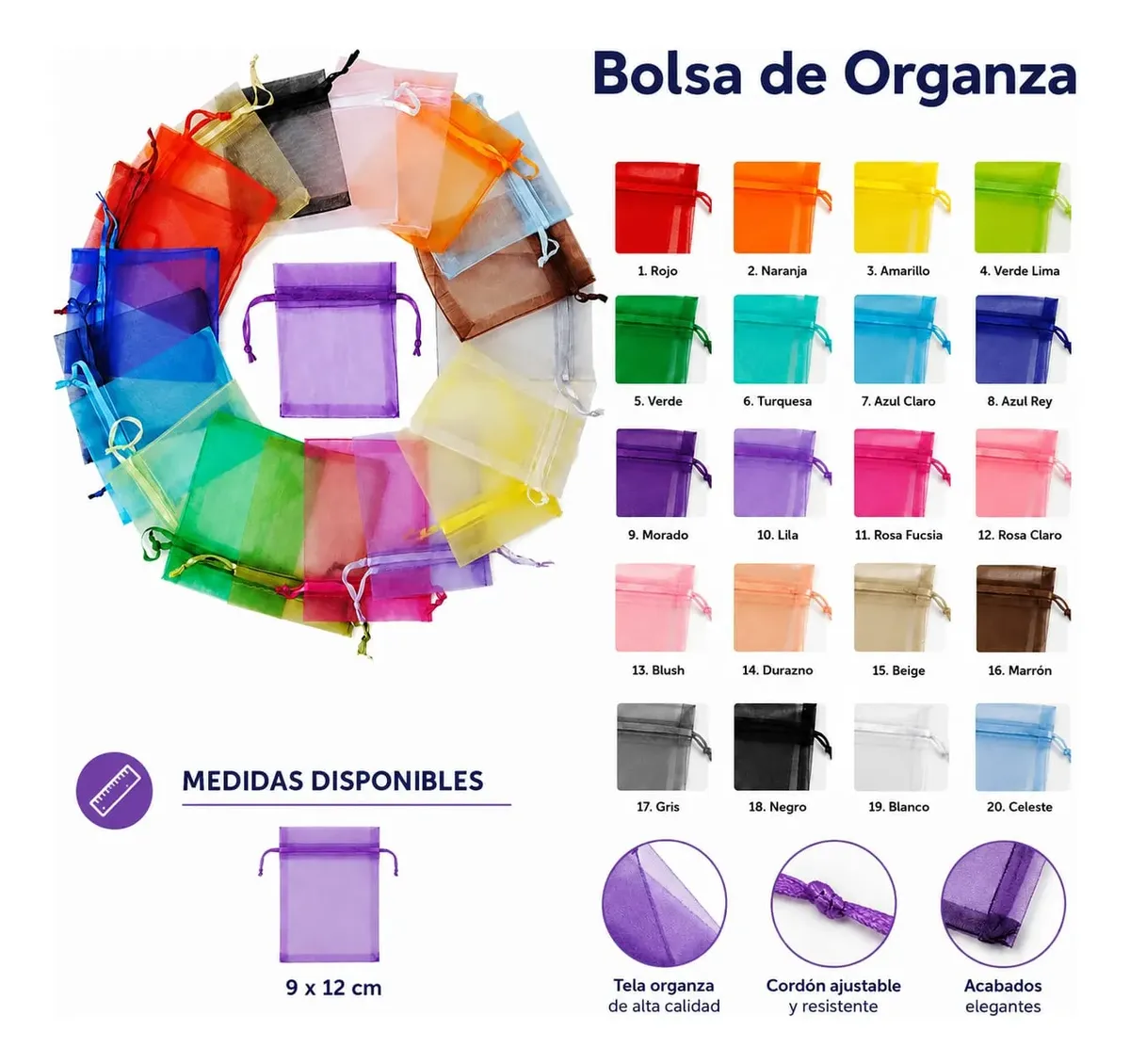 Pack De 10 Bolsas De Organza De 9x12cm Varios Colores - Imagen 2